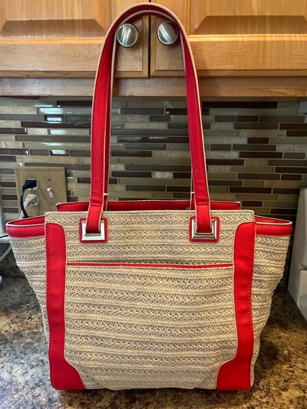 Simply Vera Woven Tote Bag with Red Accents